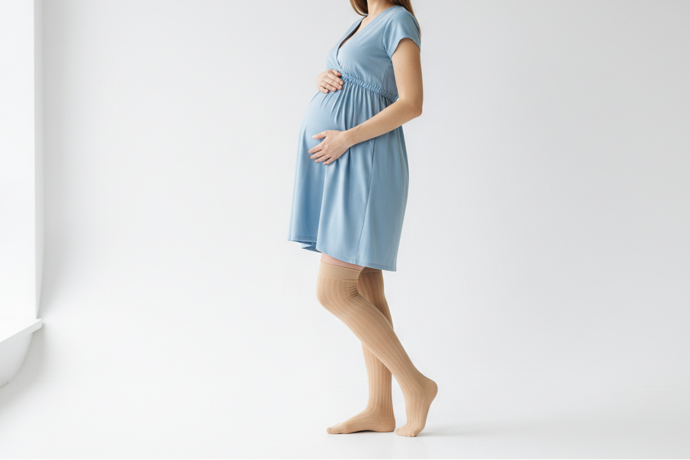 genere moi une eprsonne d une femme enceinte portant de schaussettes de compression fond blanc