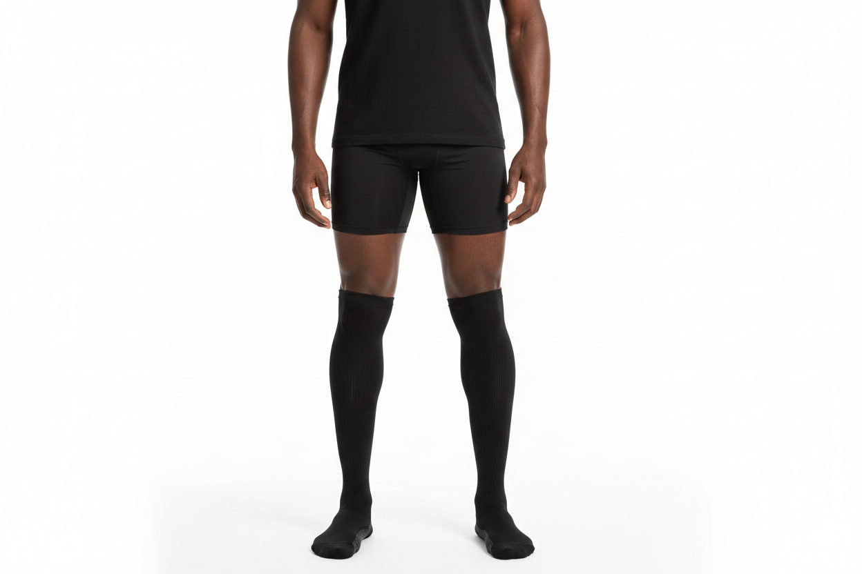IMAGE D UN HOMME NOIR PORTANT DES CHAUSSETTE DE COMPRESSION NOIR QUI FERMENT LES PIEDS FOND BLANC