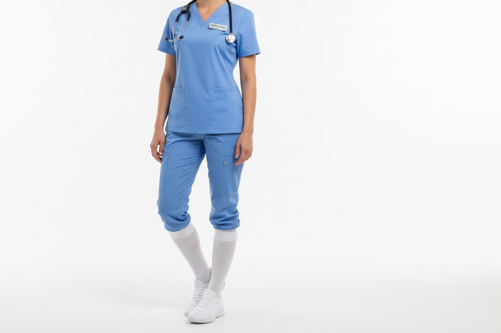 IMAGE D UNE INFIRMIERE PORTANT DES CHAUSSETTE DE COMPRESSION BLANCHES FOND BLANC. JE VEUX VOIR SA BLOUSE POUR MONTRER QUE C EST UNE INFIRMERE