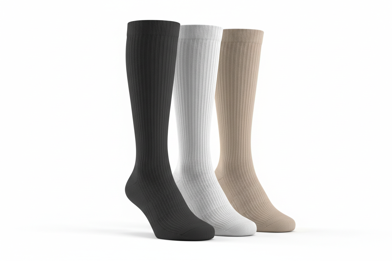 image tres haute 3 chaussette de compression noir blanc et couleur chair. fond blanc